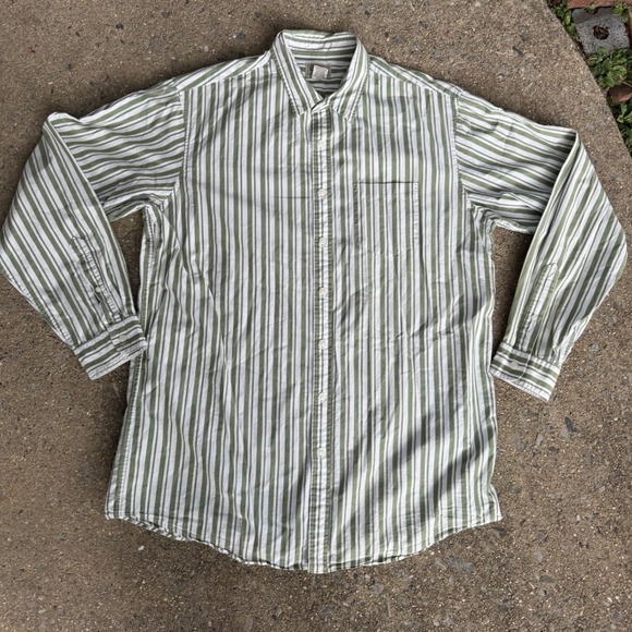 L.L. Bean Other - LL Bean Mens Large Tall Olive Green White Striped Cotton Button Down Shirt JGK3